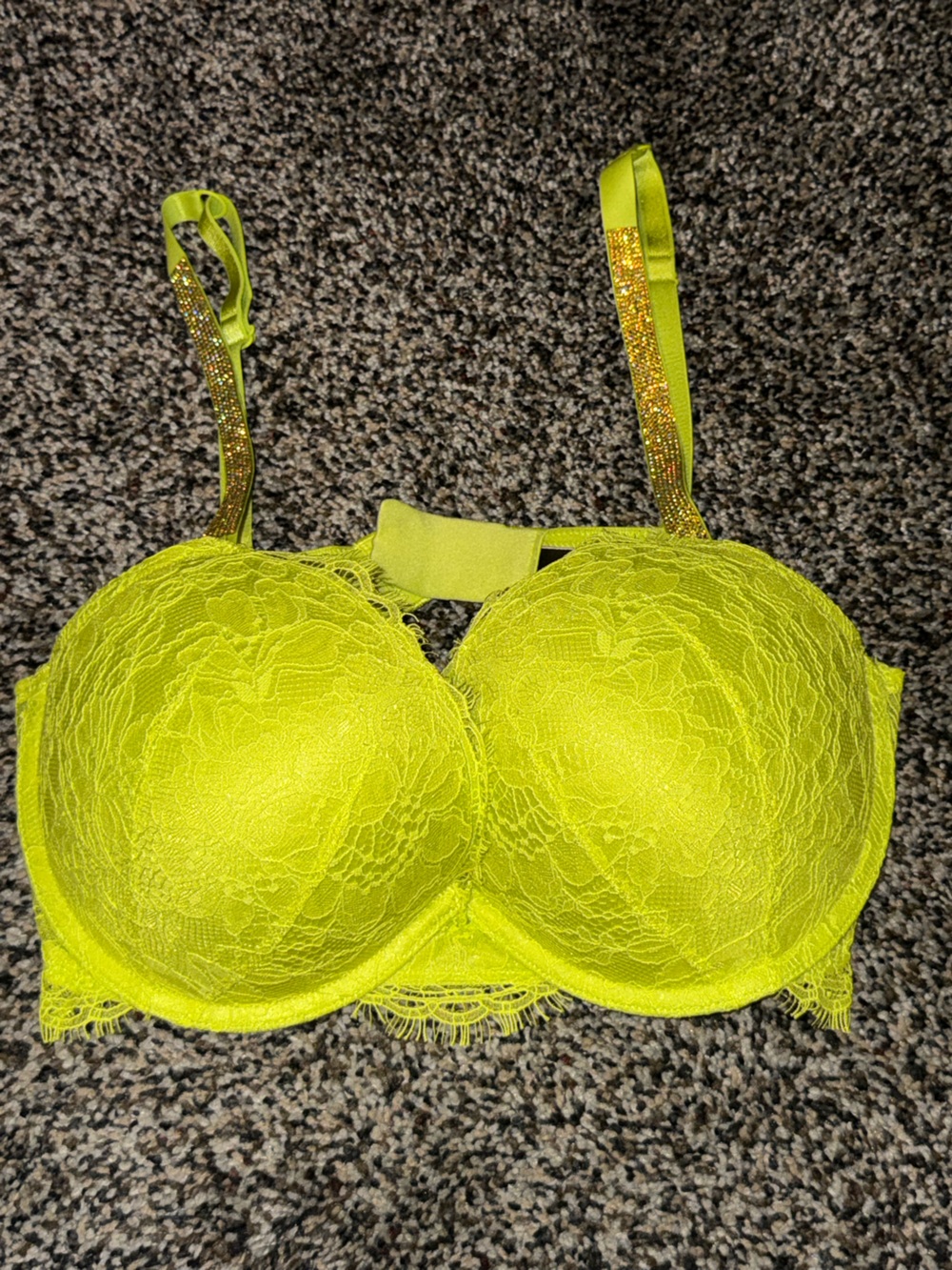 Victoria's Secret Neon Yellow Lace Push-Up Bra with Rhinestone Straps